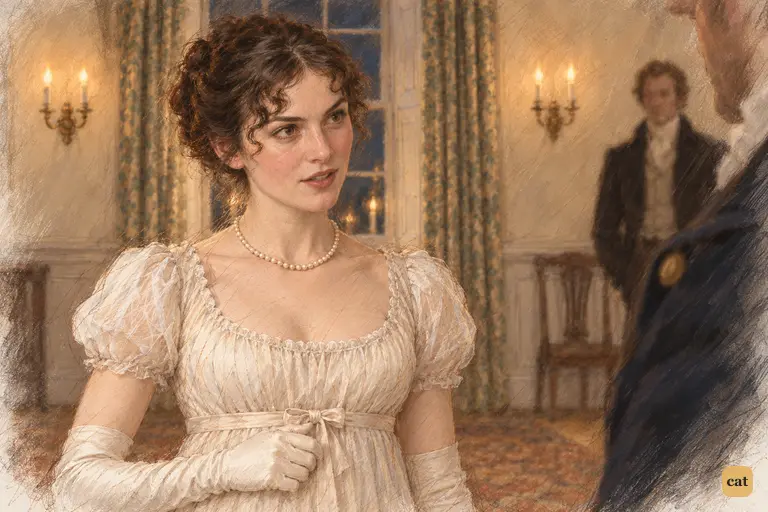 Elizabeth withdraws her hand and firmly addresses Sir William, her cheeks flushed