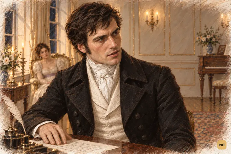 Darcy turns to the argument, answering gravely, his hand on the unfinished letter