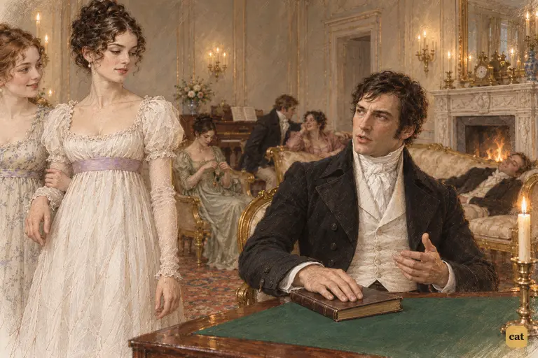 Darcy begins his explanation with dry assurance, his hand resting on the closed book.