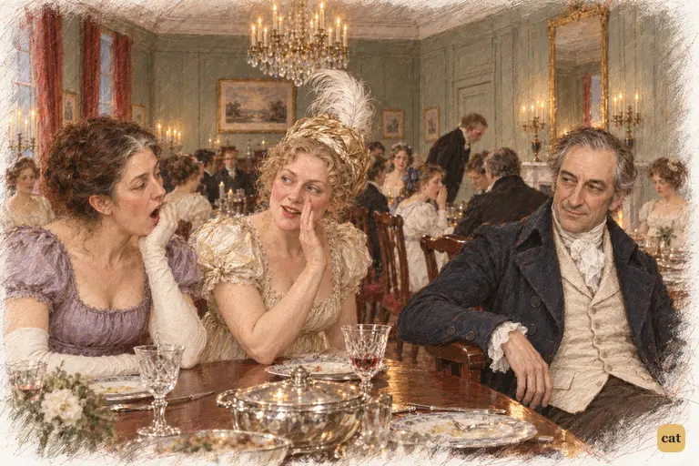 Mr. Bennet savours Mr. Collins's absurd speech while Mrs. Bennet praises it to Lady Lucas