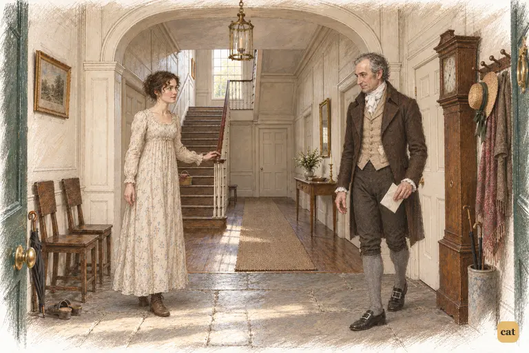 Elizabeth pauses at the foot of the staircase as Mr. Bennet emerges from his library.
