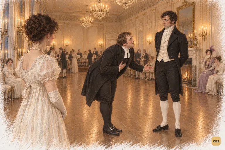 Elizabeth watches as Collins bows and addresses Darcy with solemn self-importance