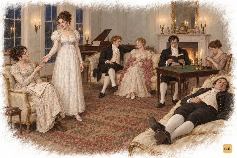 Caroline approaches Elizabeth’s quiet corner with a carefully graceful invitation.
