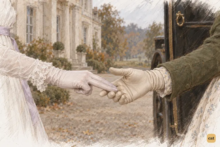 Caroline Bingley offers Elizabeth Bennet a stiff touch of two fingertips.