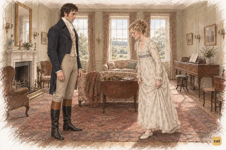 Mrs. Bennet offers Darcy a shallow, ceremonious curtsey.