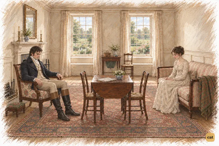 Elizabeth and Darcy sit suspended in an awkward pause after the formal enquiries have run out.