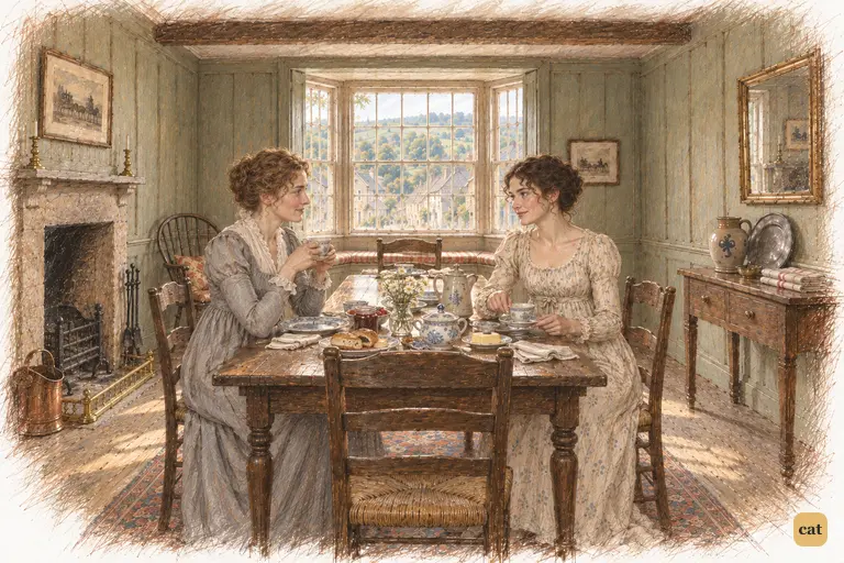 Elizabeth and Mrs. Gardiner exchange a quiet smile after breakfast at the Lambton inn.