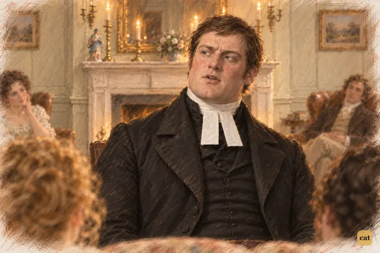 Mr. Collins answers Lydia's interruption with wounded solemnity by the glowing hearth