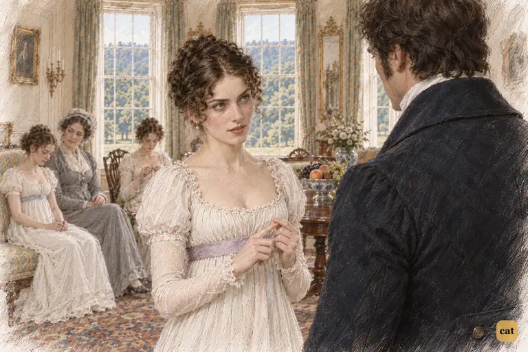 Caroline Bingley counts Elizabeth’s supposed defects on her fingers, pressing Darcy for agreement.