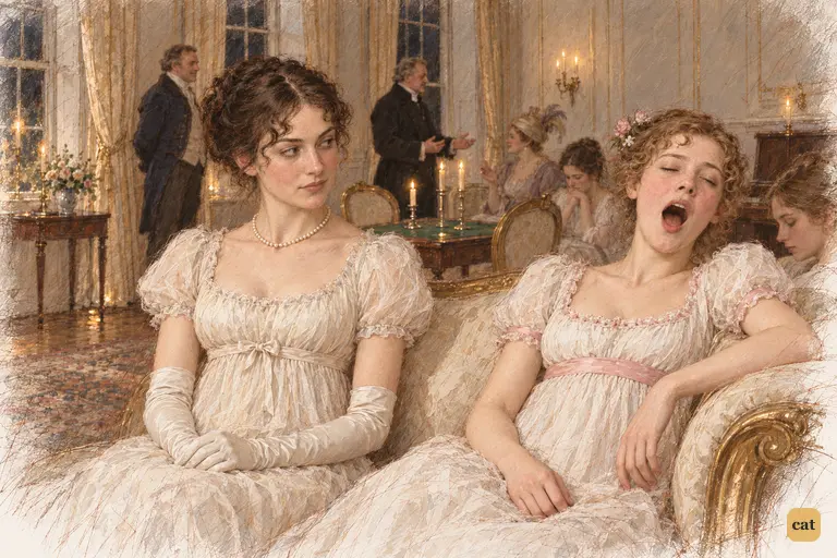 Lydia sinks into a violent yawn as Elizabeth sits upright beside her, silently watching.