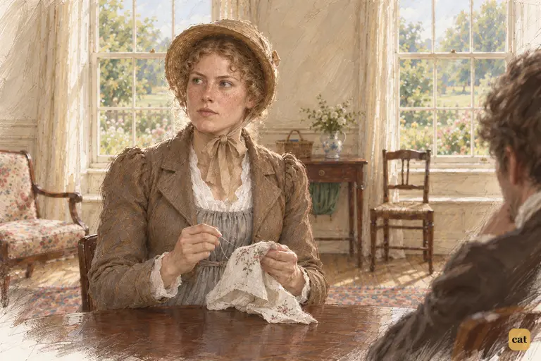 Charlotte pauses her needlework to study Darcy for signs of attachment to Elizabeth
