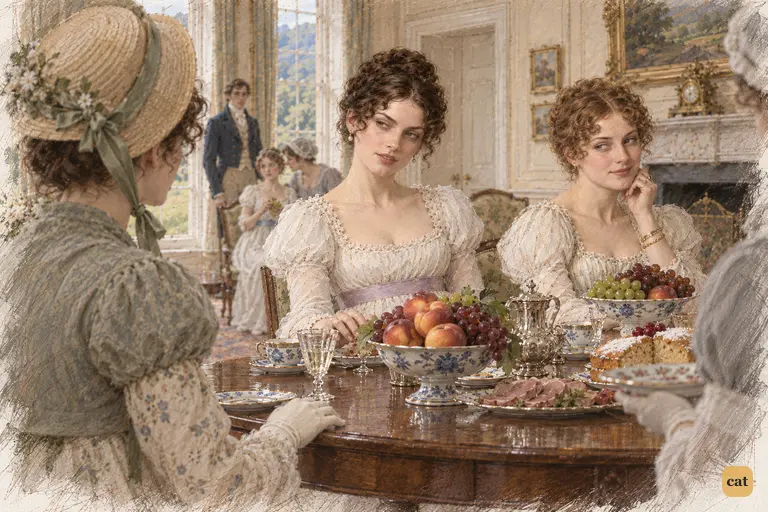 Miss Bingley directs her sweetly malicious question at Elizabeth across the fruit table.
