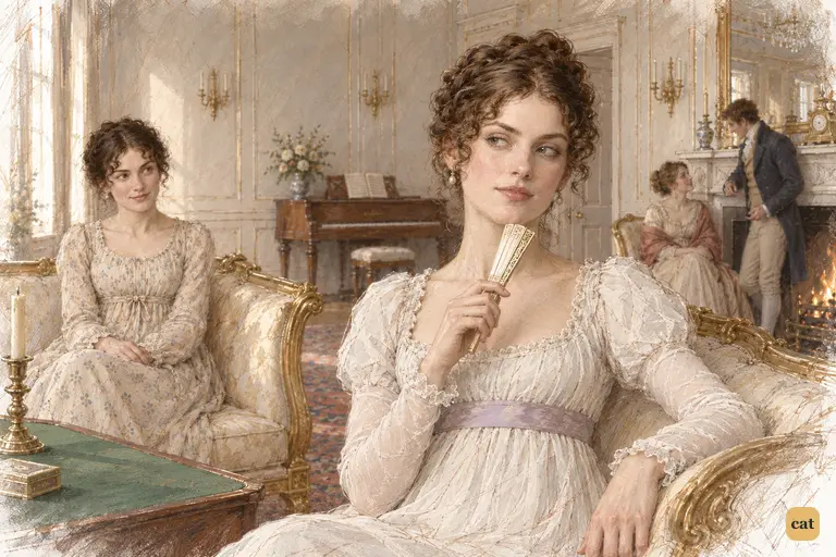 Caroline Bingley keeps her warm smile turned toward Jane while her eyes slide toward Elizabeth.
