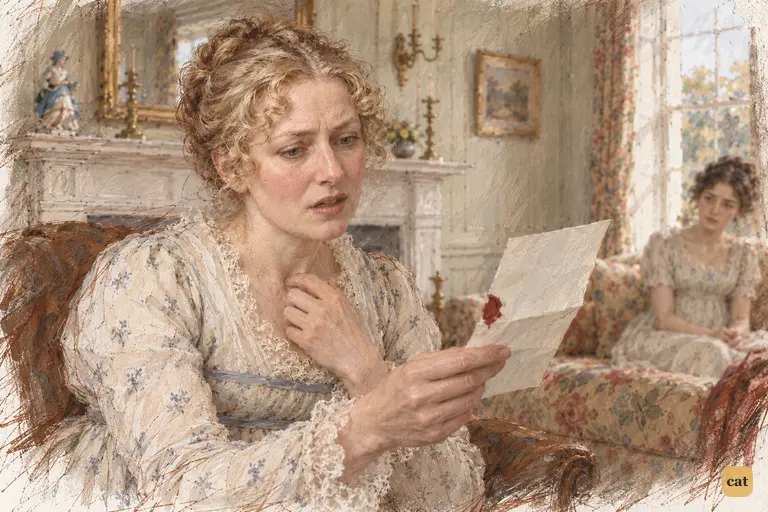 Mrs. Bennet’s face falls as she reads Bingley’s refusal, her dinner plans suddenly undone.