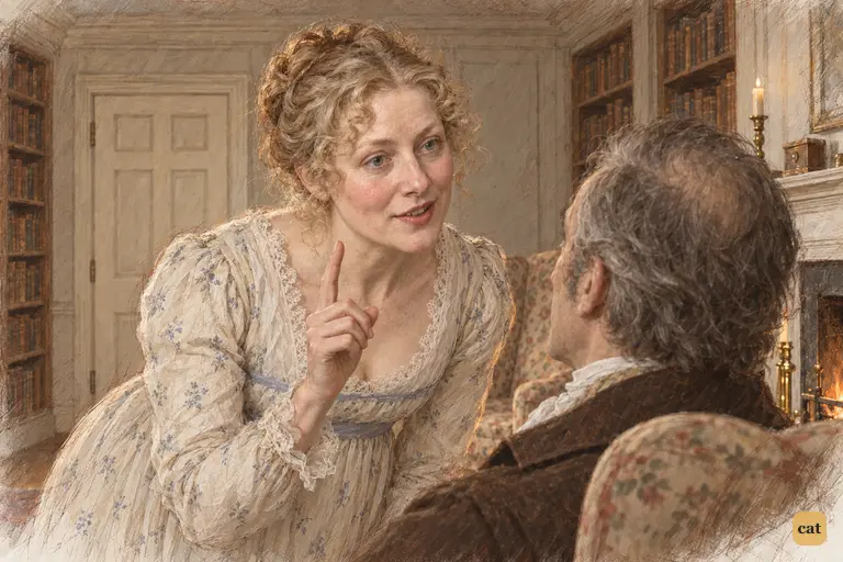 Mrs. Bennet raises a finger, pressing her husband to command Elizabeth's marriage