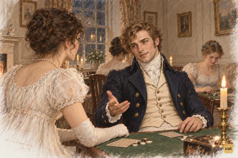 Wickham qualifies his criticism of Darcy with a knowing smile and an open hand.