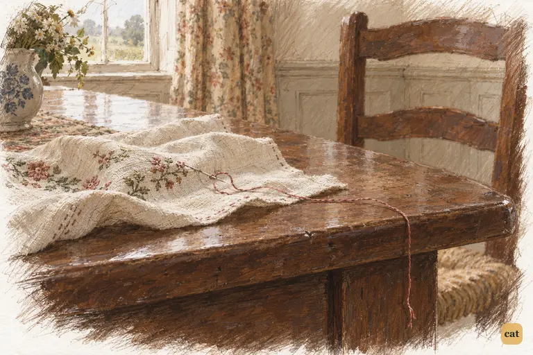 Elizabeth’s unfinished needlework rests beside her empty chair after her silent withdrawal.