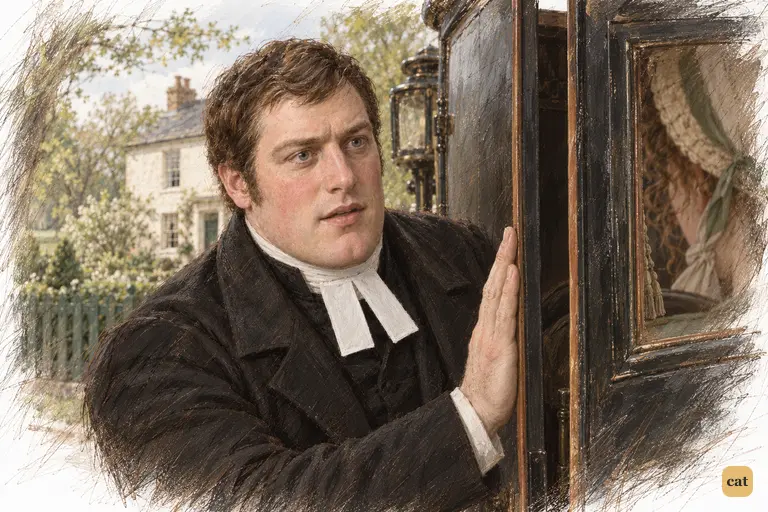 Mr. Collins stops the chaise door, remembering his respects to the ladies of Rosings