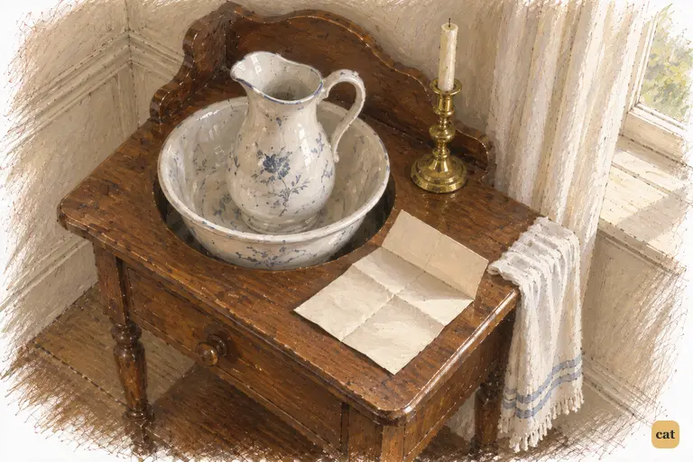 Jane’s half-open letter rests beside the washing china in Elizabeth’s chamber.