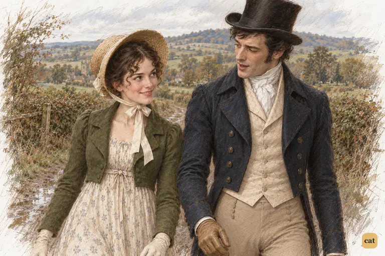 Elizabeth’s knowing smile meets Darcy’s immediate protest as they walk toward Longbourn.