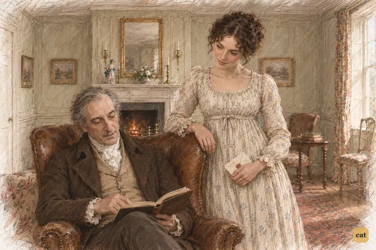 Elizabeth stands beside Mr. Bennet’s chair as he gruffly asks her to write.