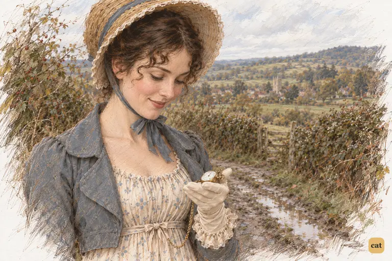 Elizabeth checks her watch: the leisurely walk has brought them to the hour to go home