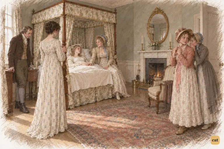 Mrs. Bennet presses Jane's hand down as Mr. Jones agrees she should stay at Netherfield