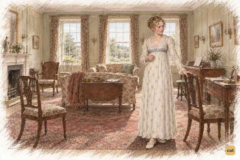 Mrs. Bennet pauses by Bingley's empty chair, weighing hospitality for another visit