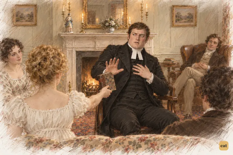 Mr. Collins recoils apologetically from the circulating-library novel in Jane's outstretched hand.
