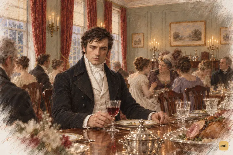 Darcy’s arrested attention reveals that he has overheard Mrs. Bennet.
