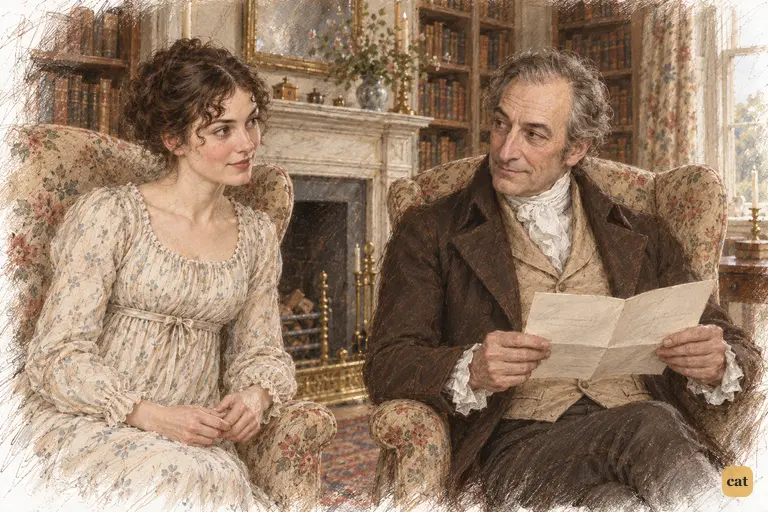 Elizabeth holds her reluctant smile as she politely asks Mr. Bennet to continue reading.