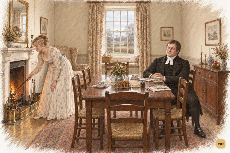 As Mrs. Bennet stirs the breakfast-room fire, Mr. Collins settles on Elizabeth with a nod