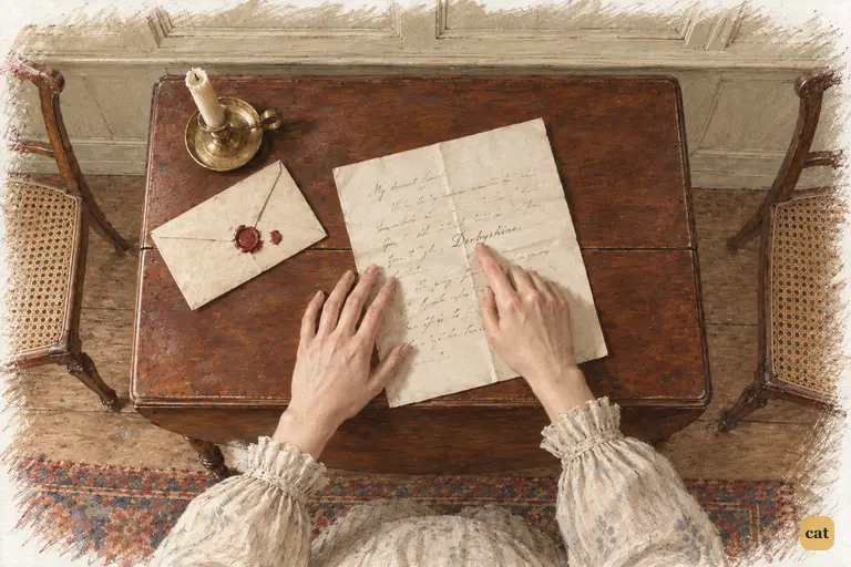 Elizabeth’s finger stops beneath “Derbyshire” in Mrs. Gardiner’s letter.