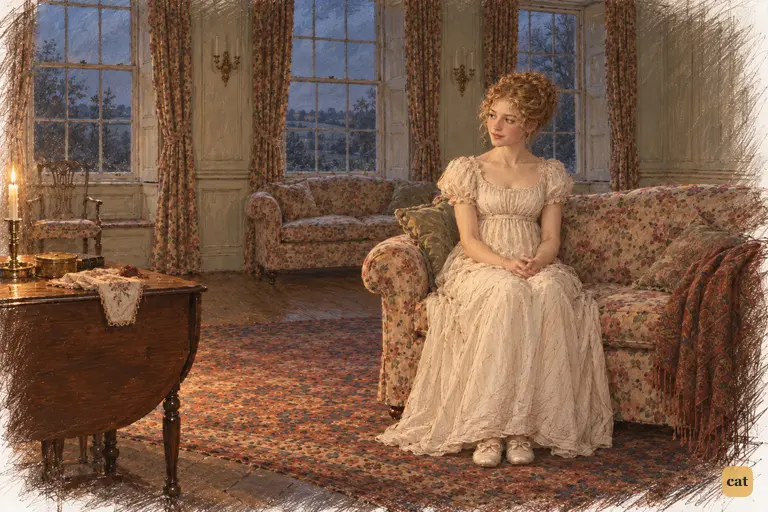 Jane sits apart from the drawing-room's warmth, quietly listening to the talk against Darcy.