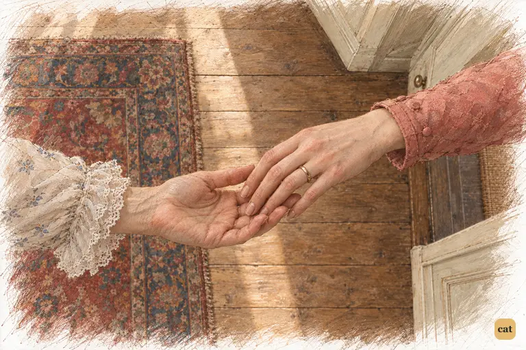 Lydia's wedding band catches the light as her fingers rest on Mrs. Bennet's hand