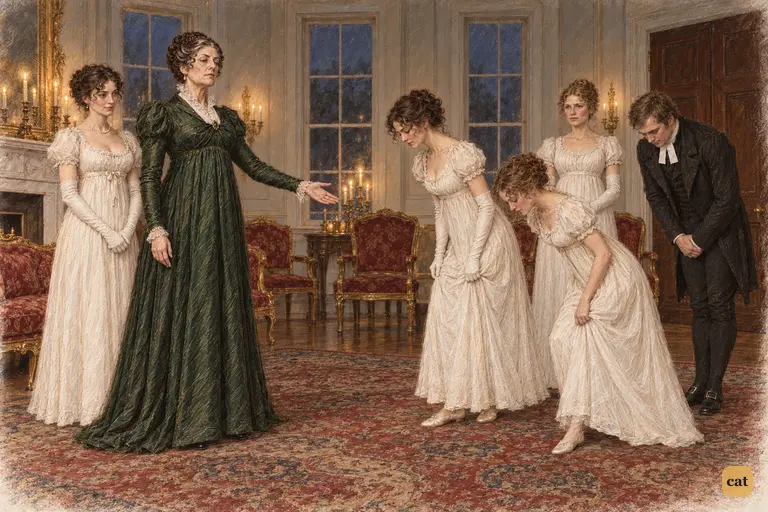 Lady Catherine bestows her final farewell as Elizabeth and Maria curtsey.