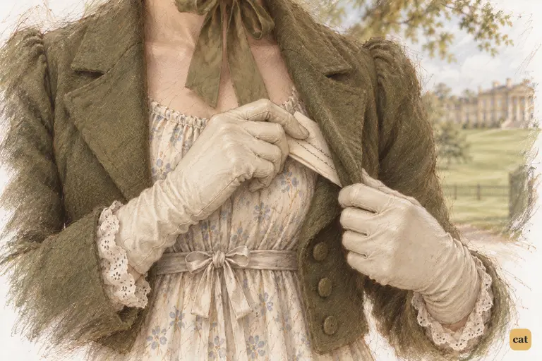 Elizabeth hurriedly slips Jane’s folded letter beneath her spencer.