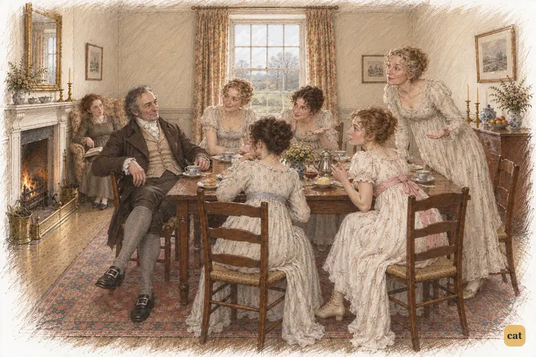 Mrs. Bennet and all five daughters eagerly question Mr. Bennet across the breakfast table.