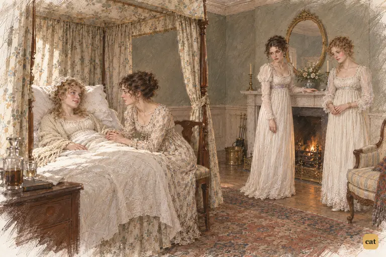 Elizabeth holds Jane’s hand through the slow sickroom hours.