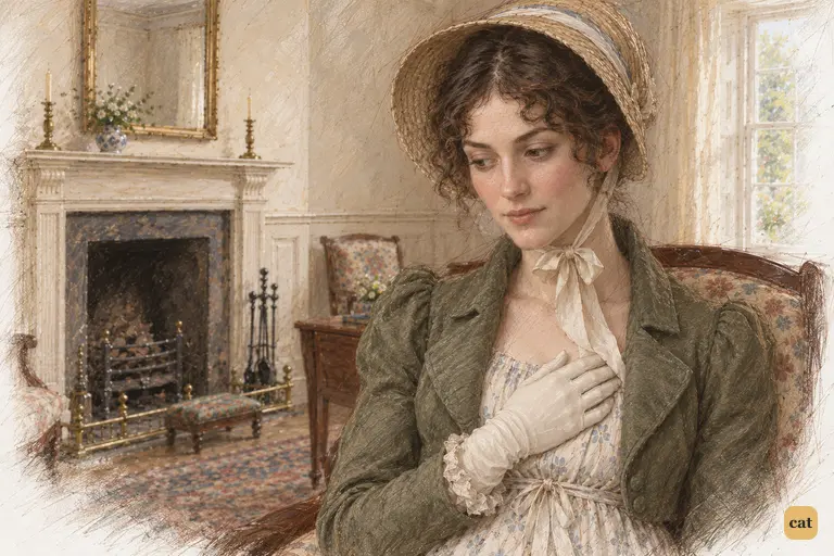 Elizabeth sits beside the cold hearth, her gloved hand resting over Darcy’s hidden letter.