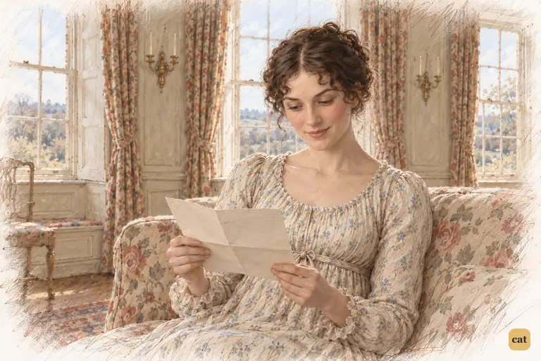 Elizabeth rereads Charlotte's letter at Longbourn, smiling at the approaching journey