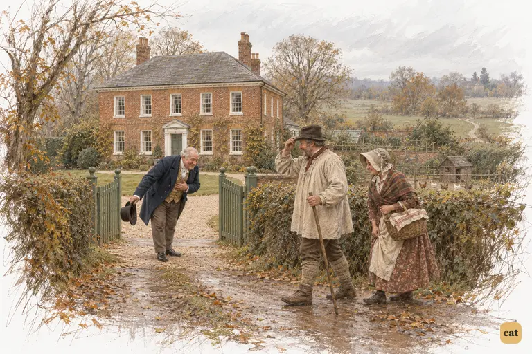 Sir William Lucas bows extravagantly to two passing villagers at the gate of Lucas Lodge.
