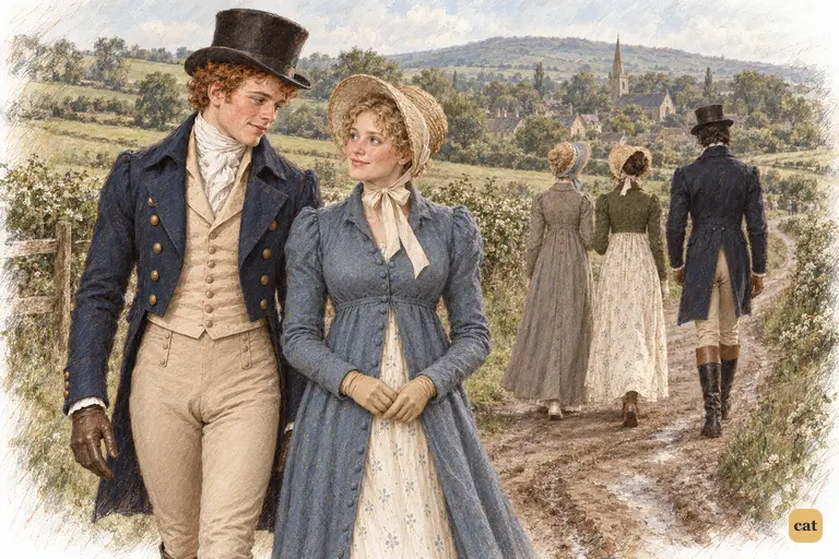 Jane and Bingley slow their steps to enjoy a quiet glance together.