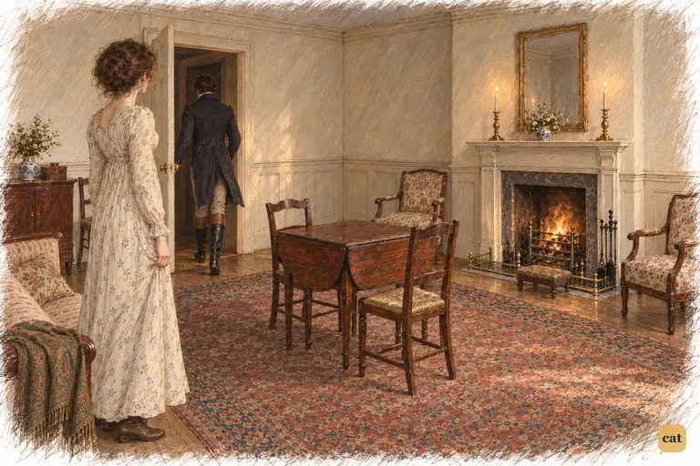 Darcy disappears into the passage, leaving Elizabeth motionless beside the sofa.
