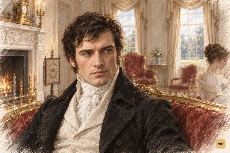 Darcy stays turned toward Lady Catherine while his eyes stray to Elizabeth and Fitzwilliam