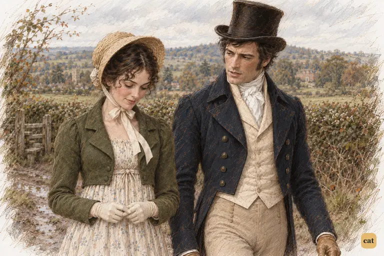 Darcy renews his proposal while Elizabeth walks beside him, blushing and looking down at her gloves.