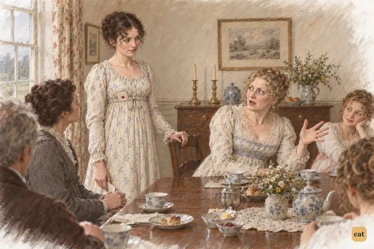 Mrs. Bennet flings her hand toward the rain-soaked paddock, protesting Elizabeth’s proposed walk.