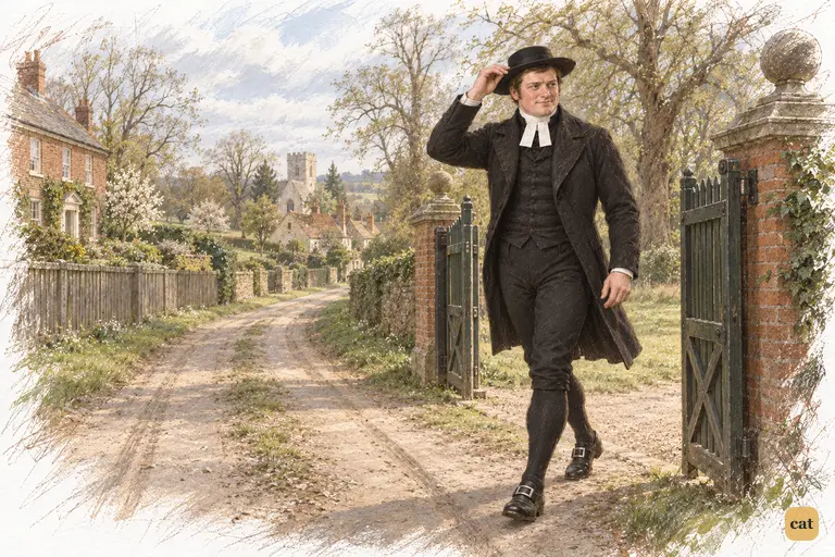 Mr. Collins strides through the lodge gates toward Rosings, settling his hat after the farewell bow.