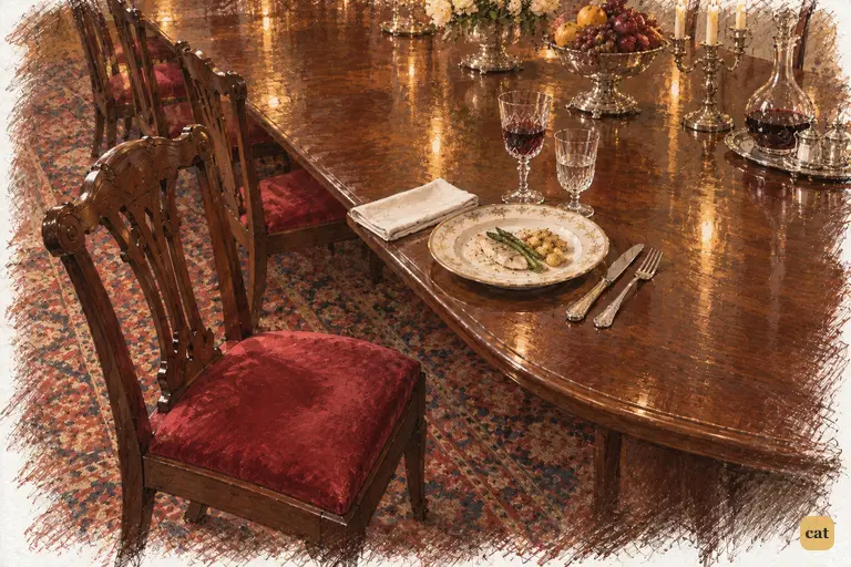 Elizabeth’s neatly folded napkin and modest plate remain beside her vacated chair.
