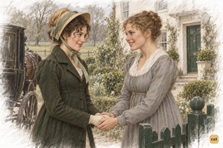 Charlotte takes Elizabeth’s hands at the garden gate with an affectionate smile.